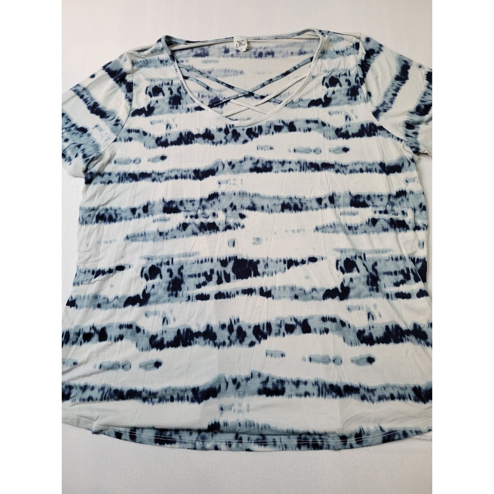 Sew In Love Blue White Tie Dye Stripe Crisscross V-Neck Top 2X 643